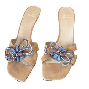 Stuart Weitzman Suede Heeled Sandals with Bead Accents